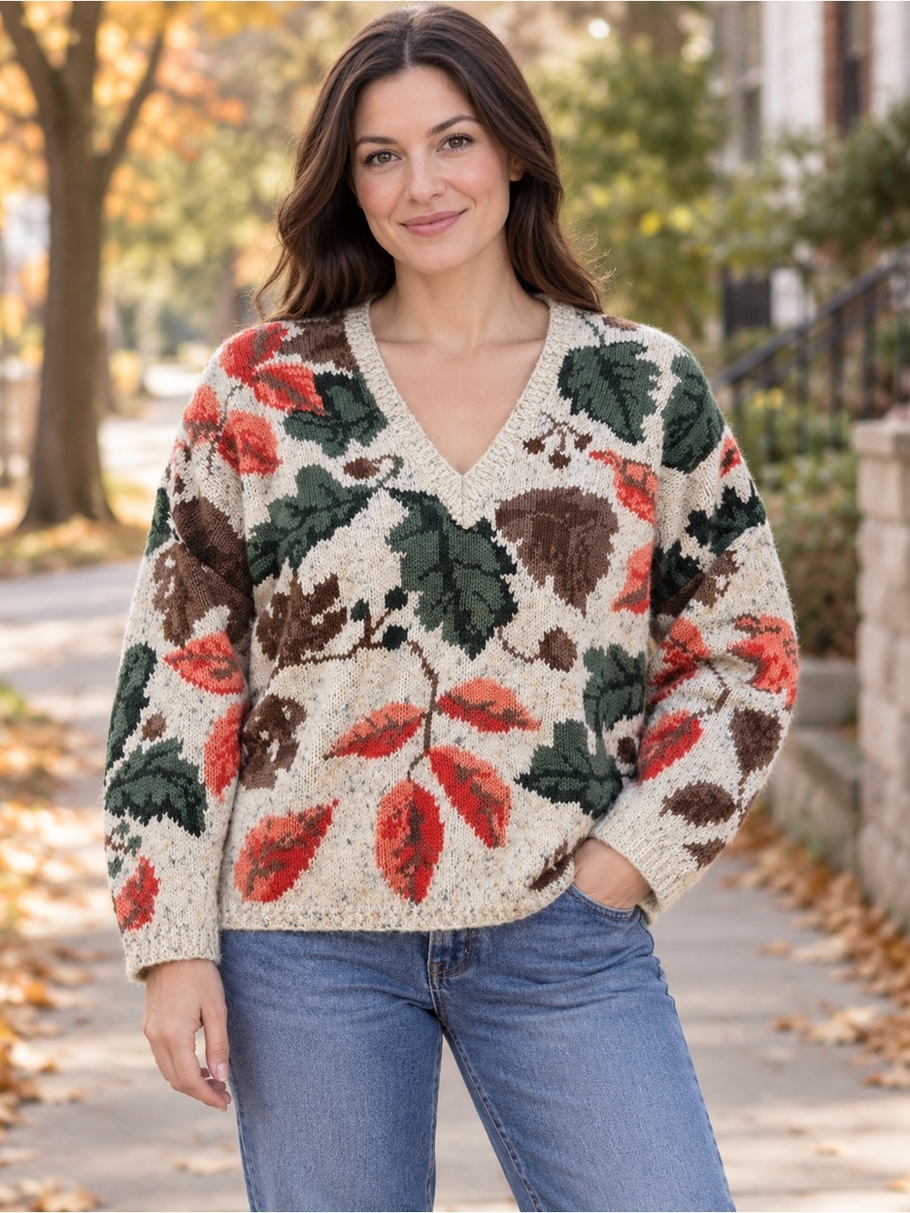 True Vintage 90s autumn leaves Oversize Sweater Vneck Womens fits Large